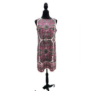 London Times Pink Green Medallion Kaleidoscope Shift Dress 12 Mod Preppy